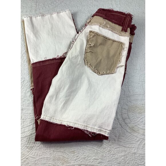 Y2K Distressed Patchwork Straight Jeans Womens Small Beige Black Grunge Rock - Picture 4 of 9